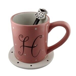 Initial H Monogram Pink Coffee Mug Tea Cup Spoon Saucer/Lid Kirklands Crazing